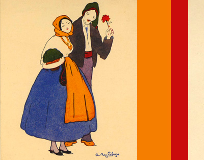 Ilustración de A. Rey Colaço que muestra a una pareja con indumentaria tradicional portuguesa, portando él un clavel en la mano izquierda